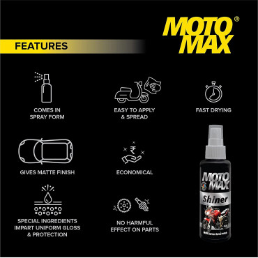 Motomax Shiner Multi surface Spray Polish 100 ml|Instantly Cleans, Polishes and Shines Bikes, Motorbikes, Sports Bikes, Scooters, Cars, Bullets | Useful for Plastic, Metal, Tyre & Rubber Parts