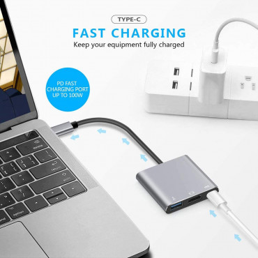 zikvik USB Type C to HDMI Hub 3 in 1 Adapter in Metal, Multi Port Dongle Type-C to USB 3.0, 4K HDMI, PD Charging Type C Port for MacBook, Chromebook, DELL,HP & Other Type C Phones & Devices