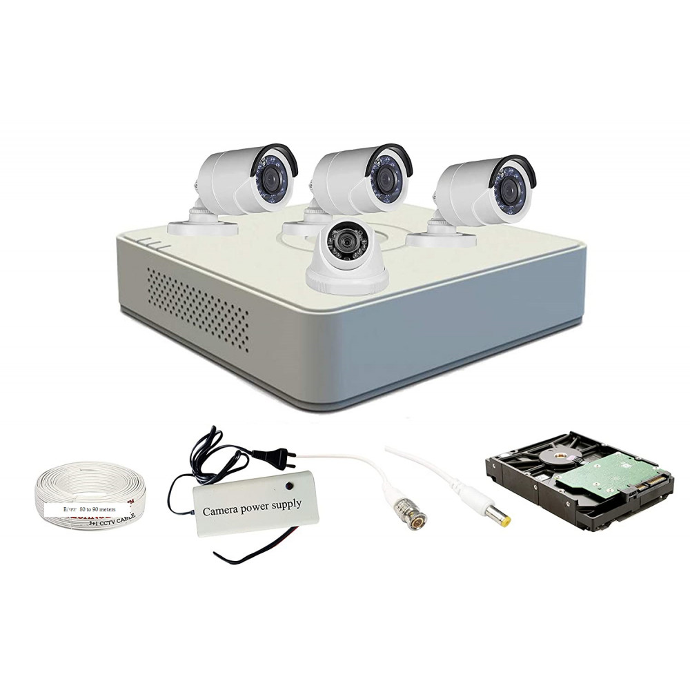 Hikvision 4 Ch HD ECO DVR and 3 Bullet; 1 Dome HD Camera Combo Kit - Include All Require Accessories for 4 Camera Installation ( White ) Hikvision 4 Ch HD ECO DVR and 3 Bullet; 1 Dome HD Camera Combo Kit - Include All Require Accessories for 4 Camera Installation ( White )