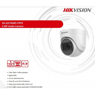 Hikvision 5 MP Indoor Dome CCTV Camera with inbuilt Audio Mic DS-2CE76H0T-ITPFS, White
