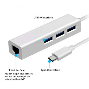 Type -C 3.0 to 3-Port USB Hub + RJ45 Adapter - Type-C to Gigabit Ethernet LAN Network+3 USB Ports Converter for MacBook/Pro/iMac/ChromeBook/Pixel Type-C Devices ((Type-C to RJ45)