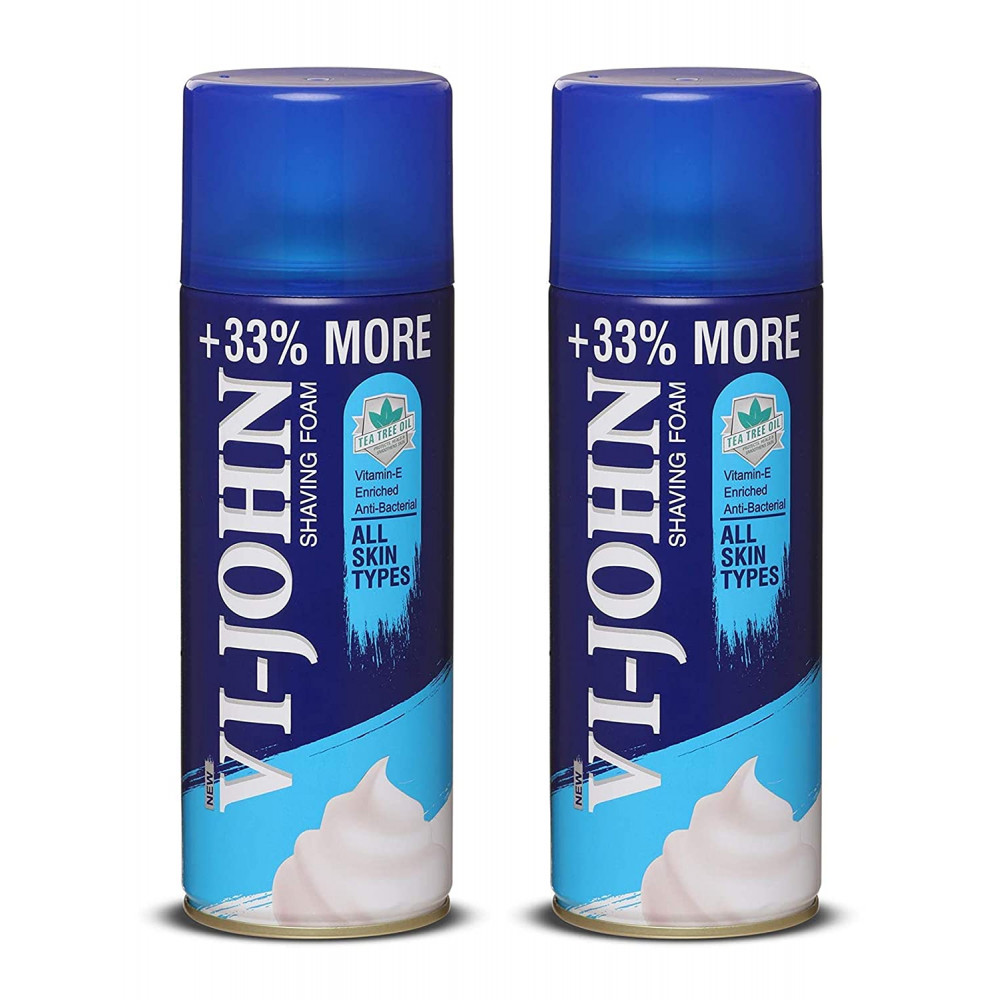 VI - JOHN Shave Foam For Men All Skin Type Enriched with Antibacterial Tea Tree Oil & Vitamin E, Pack of 2 (400 grams Each)
